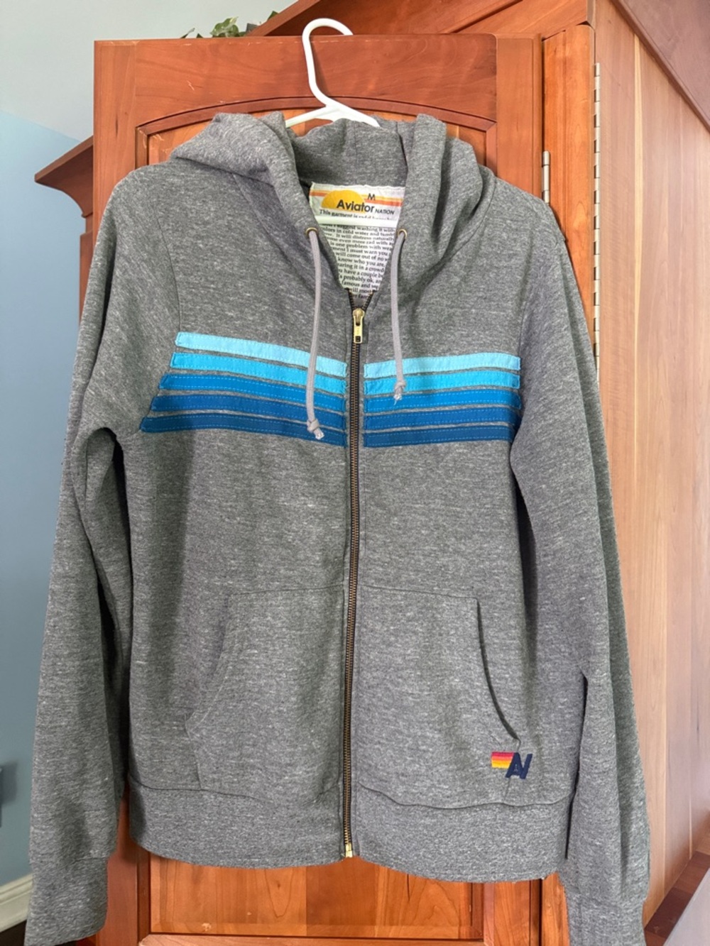 Aviator Nation Gray Hoodie with Blue Stripe Chest